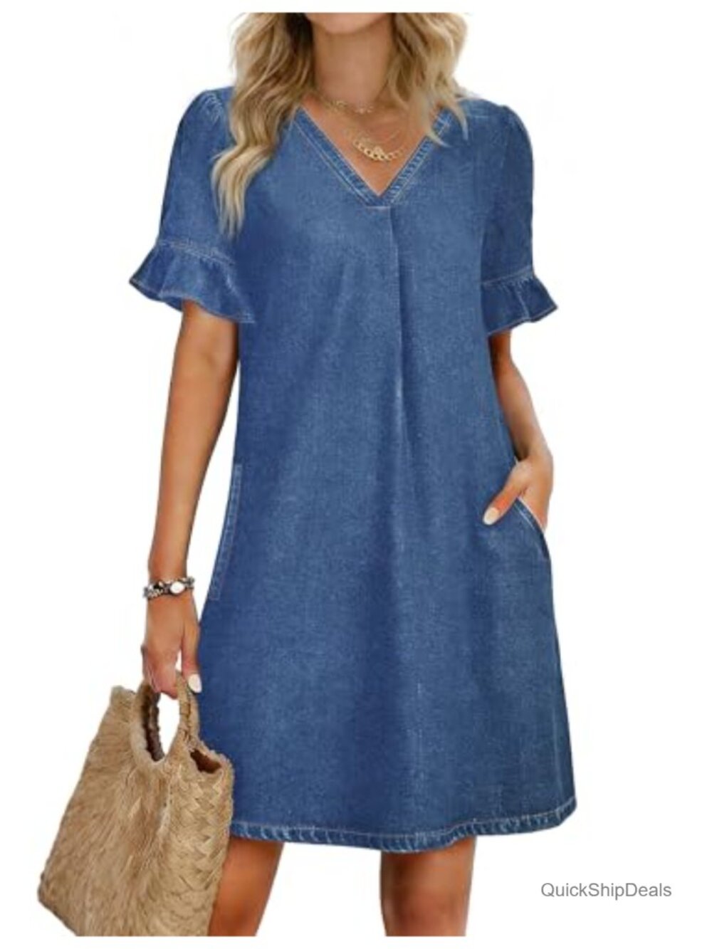 Women's Denim Dress Ruffle Sleeve Jean Mini Dress with Pockets